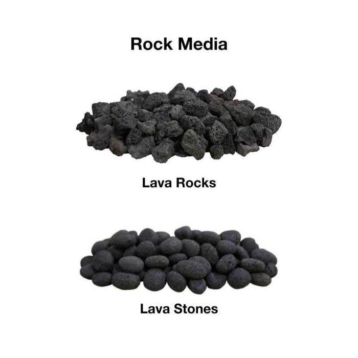 Rock media options for Firegear Pro Series fire pits featuring lava rocks and lava stones for enhanced flame presentation.