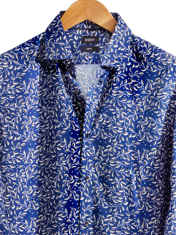 Fredrico Navy Printed Full Sleeve Single Cuff Slim Fit Party Wear Viscose Shirt