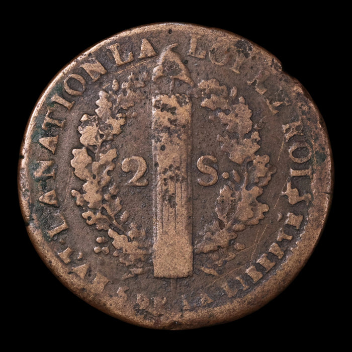 French Revolution, King Louis XVI, 2 Sols - 1793 - France