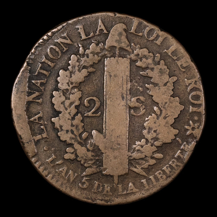 French Revolution, King Louis XVI, 2 Sols - 1793 - France