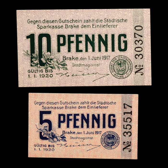German Empire, City of Brake an der Unterweser, 5 And 10 Pfennigs (2 Notgeld Notes)