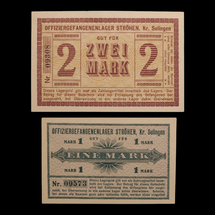 German Empire, Ströhen Officer POW Camp, 1 And 2 Marks (2 Notes)
