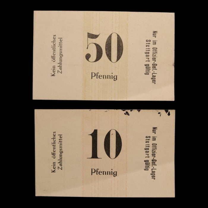 German Empire, Stuttgart Officer POW Camp, 10 and 50 Pfennig (2 Notes)