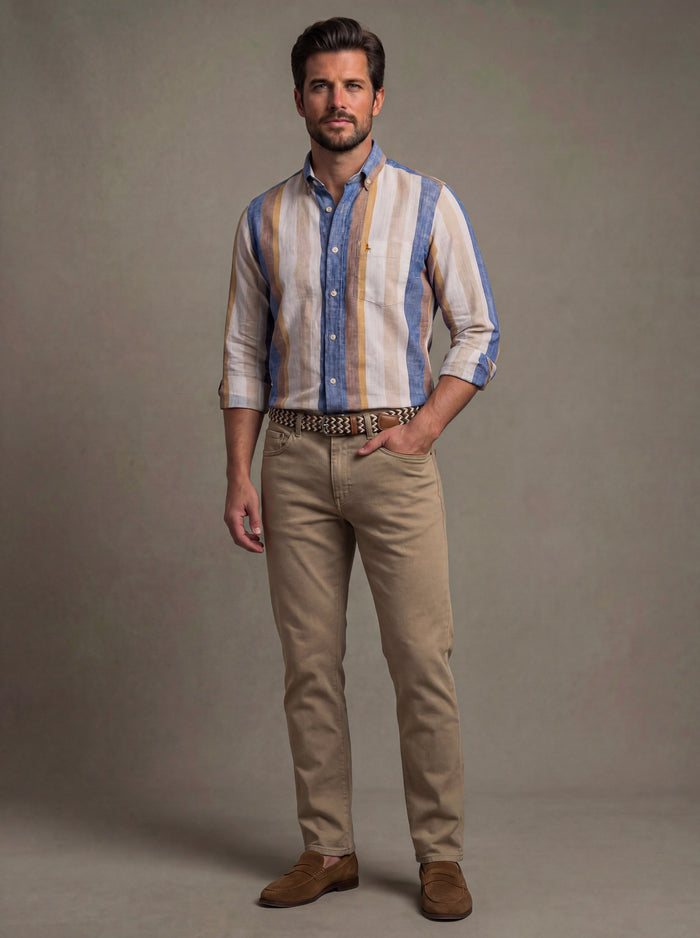 Giggs Slub Blue Striped Full Sleeve Tailored Fit Casual Cotton Shirt