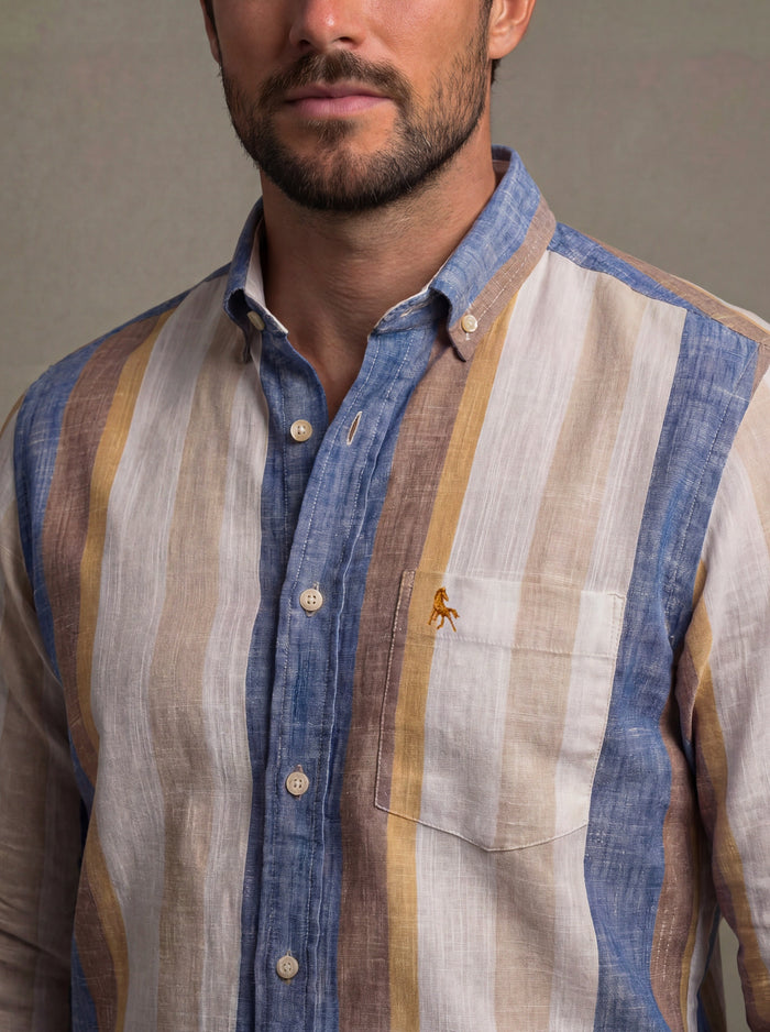 Giggs Slub Blue Striped Full Sleeve Tailored Fit Casual Cotton Shirt