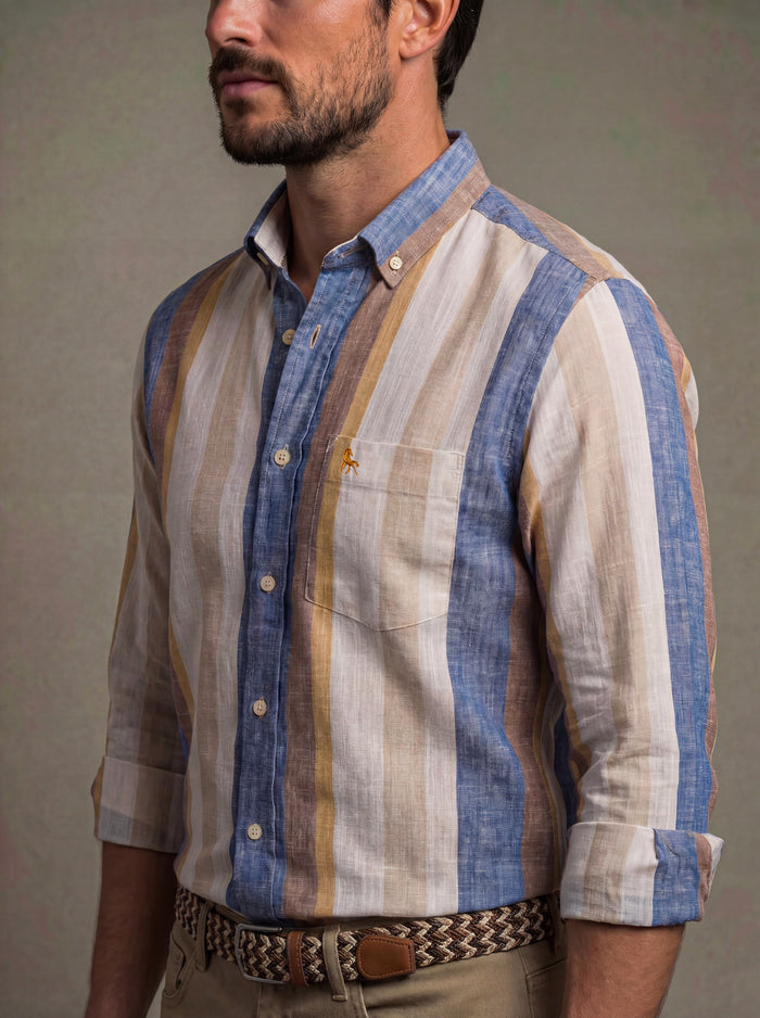Giggs Slub Blue Striped Full Sleeve Tailored Fit Casual Cotton Shirt