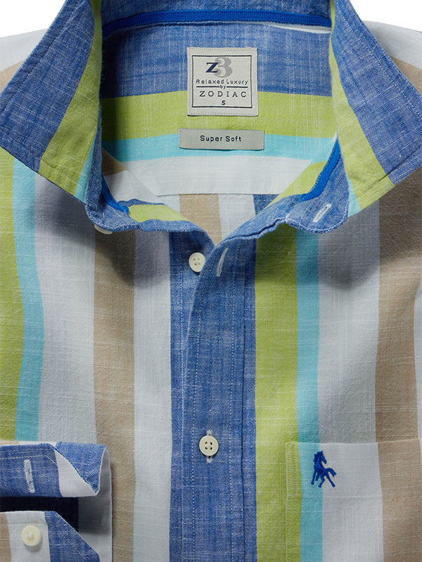 Giggs Slub Green Striped Full Sleeve Tailored Fit Casual Cotton Shirt
