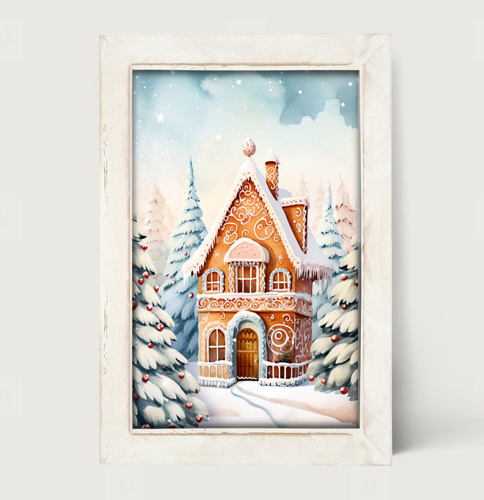 Gingerbread house in the snow - Framed art