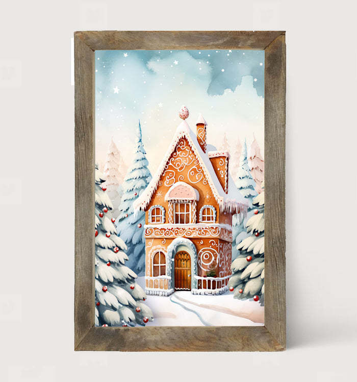 Gingerbread house in the snow - Framed art