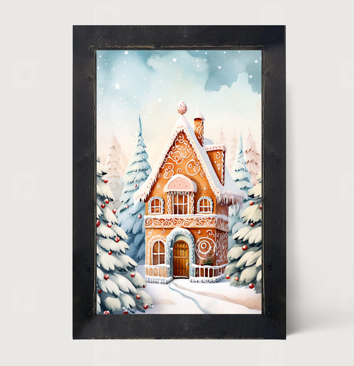 Gingerbread house in the snow - Framed art