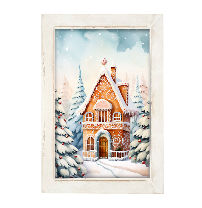 Gingerbread house in the snow - Framed art