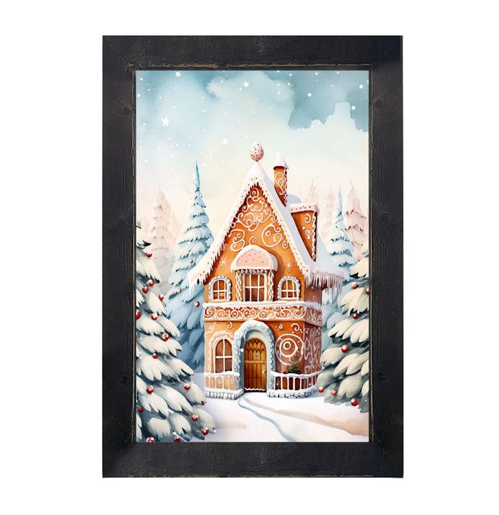 Gingerbread house in the snow - Framed art