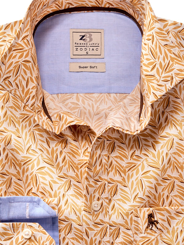 Giroud Mustard Printed Full Sleeve Tailored Fit Casual Cotton Shirt