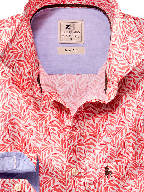 Giroud Orange Printed Full Sleeve Tailored Fit Casual Cotton Shirt