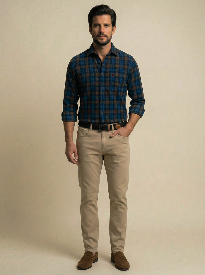 Griffin Corduroy Navy Check Full Sleeve Tailored Fit Casual Cotton Shirt