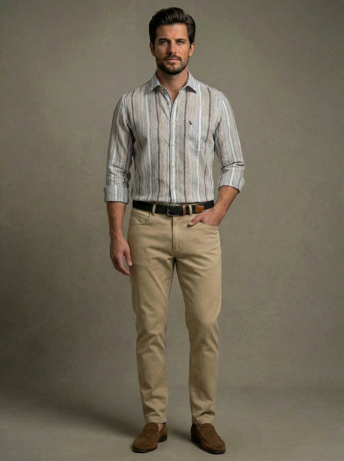 Harman Slub Sand Striped Full Sleeve Tailored Fit Casual Cotton Shirt
