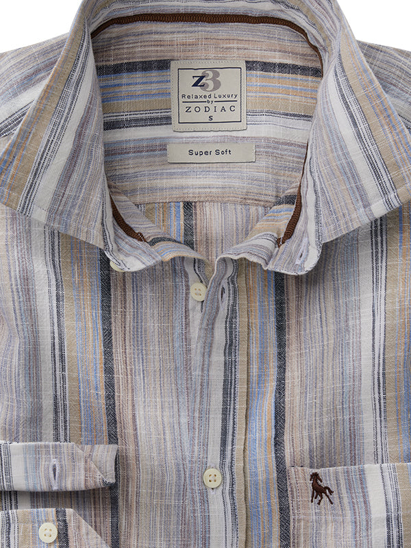 Harman Slub Sand Striped Full Sleeve Tailored Fit Casual Cotton Shirt