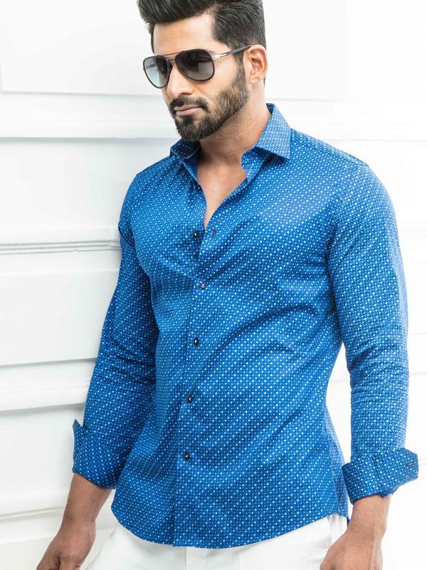 Harris Cobalt Printed Full Sleeve Single Cuff Slim Fit Party Wear Cotton Shirt