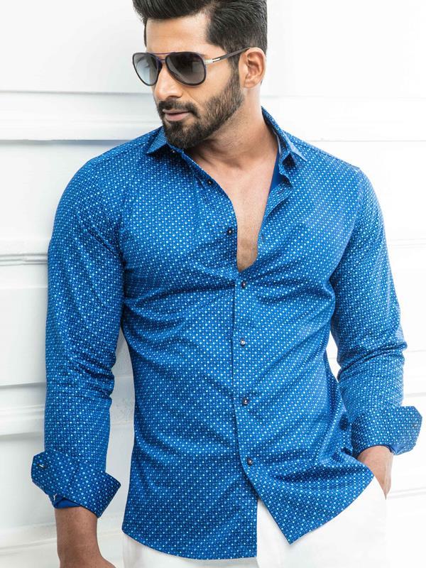 Harris Cobalt Printed Full Sleeve Single Cuff Slim Fit Party Wear Cotton Shirt