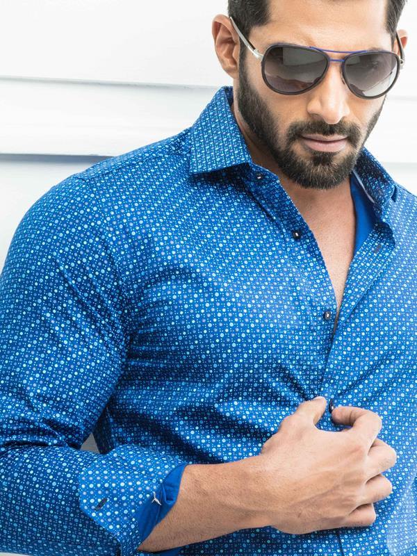 Harris Cobalt Printed Full Sleeve Single Cuff Slim Fit Party Wear Cotton Shirt