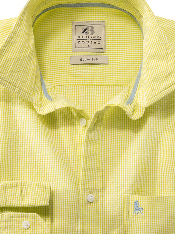 Helsinki Seersucker Lime Check Full Sleeve Tailored Fit Casual Cotton Shirt