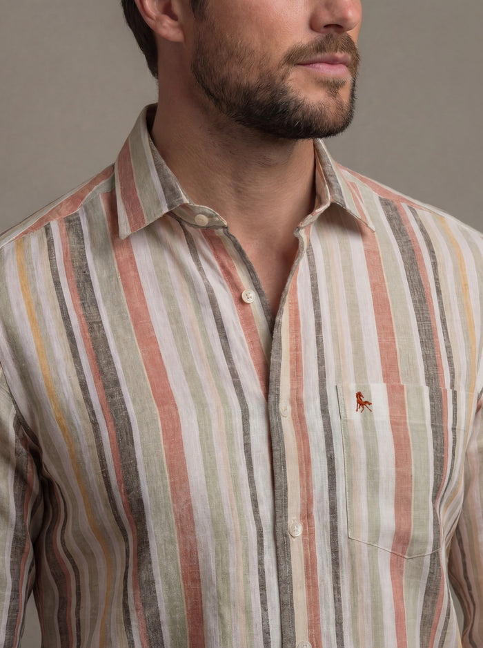 Hovland Slub Olive Striped Full Sleeve Tailored Fit Casual Cotton Shirt