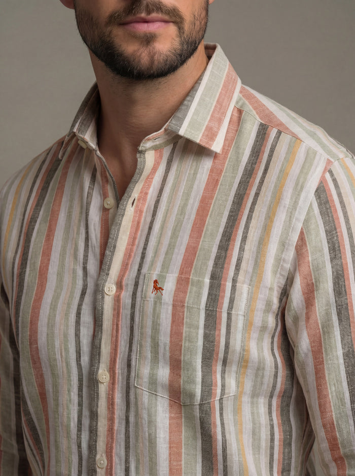 Hovland Slub Olive Striped Full Sleeve Tailored Fit Casual Cotton Shirt