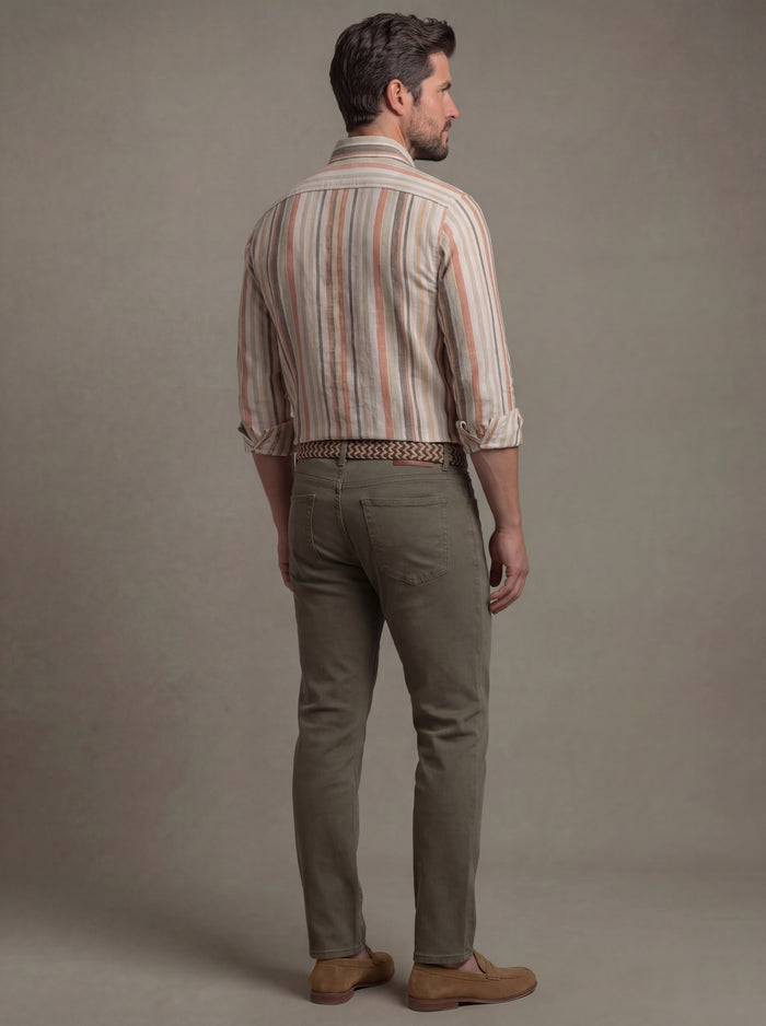 Hovland Slub Olive Striped Full Sleeve Tailored Fit Casual Cotton Shirt