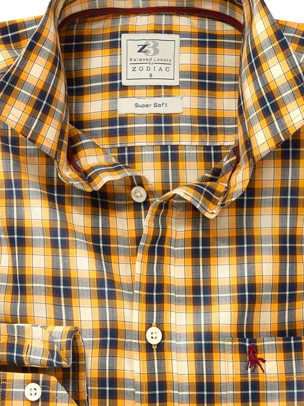 Kane Herringbone Mustard Check Full Sleeve Tailored Fit Casual Cotton Shirt
