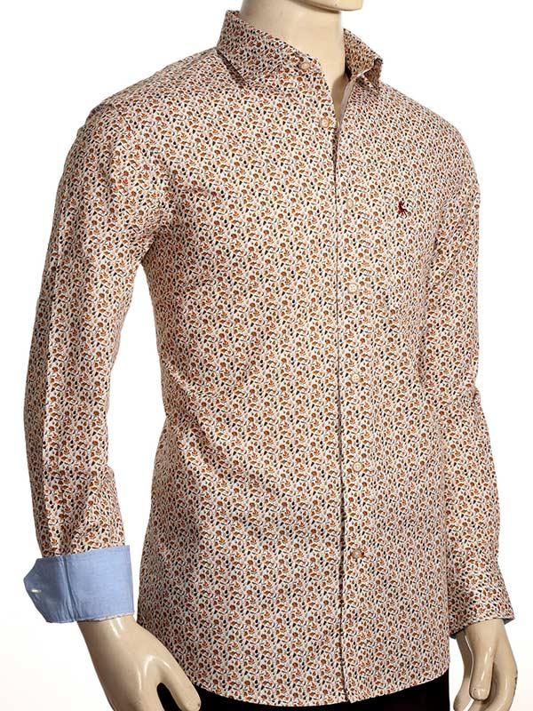 Kurinji Orange Printed Full sleeve single cuff   Cotton Shirt