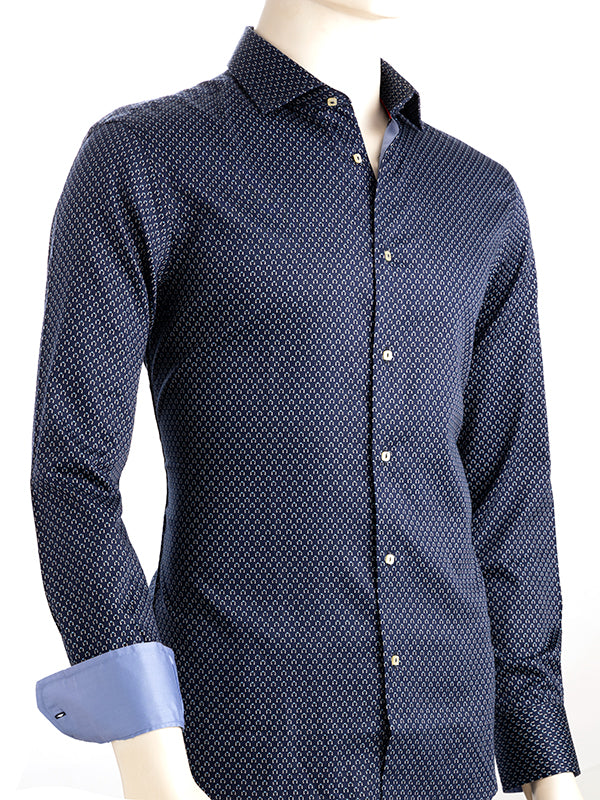 Lavo Navy Printed Full Sleeve Single Cuff Slim Fit Party Wear Blended Shirt