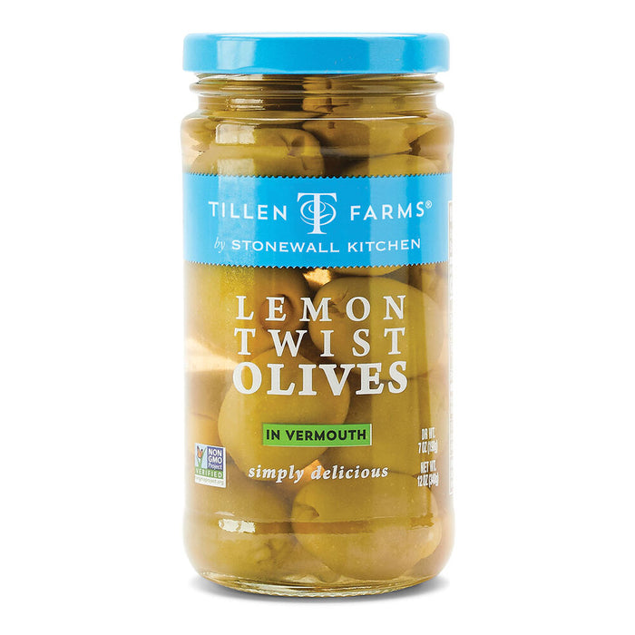 Jar of Tillen Farms Lemon Twist Olives on a white background