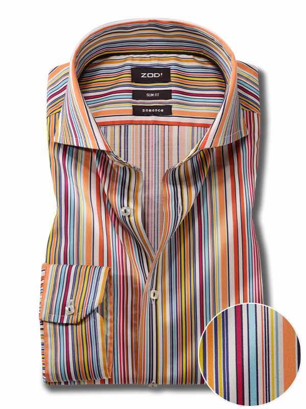 Lorenzo Orange Striped Full Sleeve Single Cuff Slim Fit  Party Wear Blended Shirt