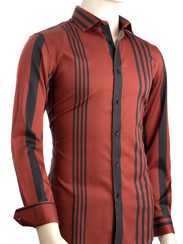 Lucas Burgundy Striped Full Sleeve Single Cuff Slim Fit Party Wear Blended Shirt
