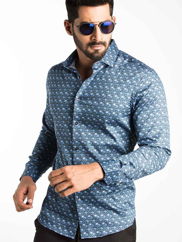 Maceo Blue Printed Full Sleeve Single Cuff Slim Fit Party Wear Blended Shirt