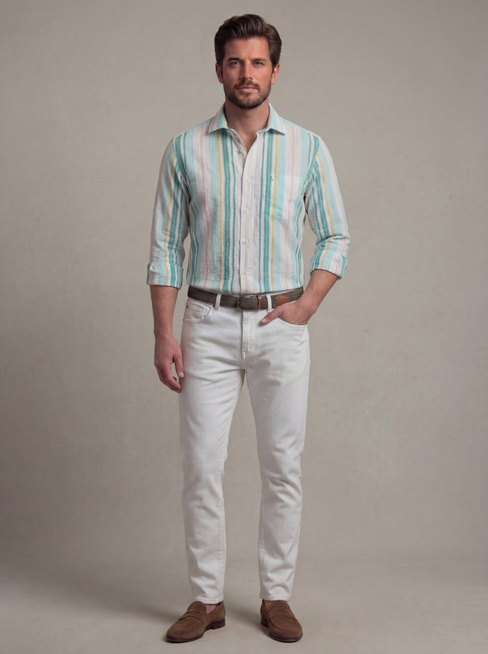 Majorca Seersucker Green Striped Full Sleeve Tailored Fit Casual Cotton Shirt