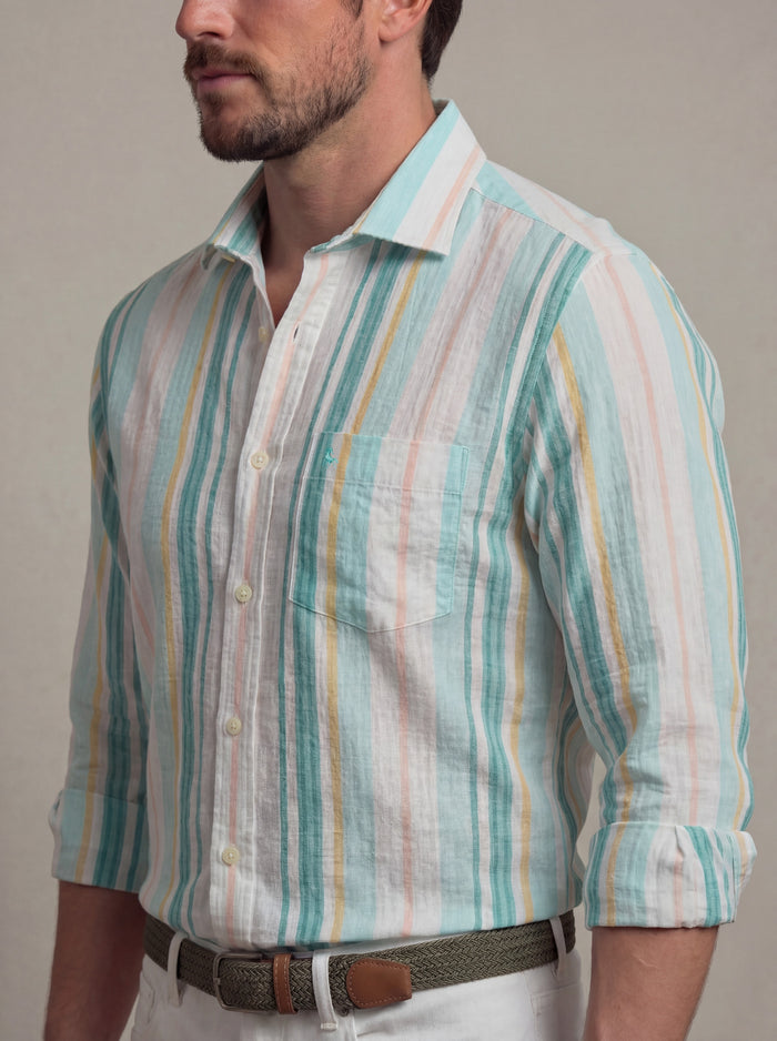 Majorca Seersucker Green Striped Full Sleeve Tailored Fit Casual Cotton Shirt
