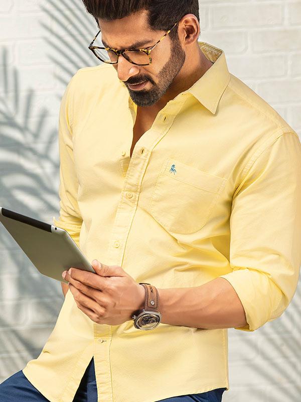 Marbella Yellow Solid Full sleeve single cuff   Cotton Shirt