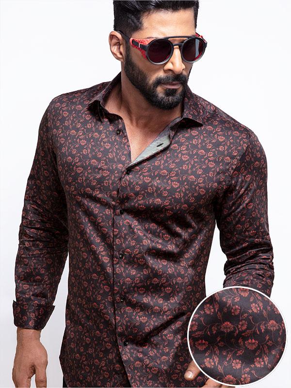 Mendes Red Printed Full Sleeve Single Cuff Slim Fit Party Wear Blended Shirt