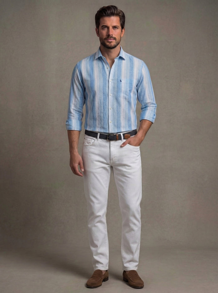 Menorca Crepe Blue Striped Full Sleeve Tailored Fit Casual Cotton Shirt