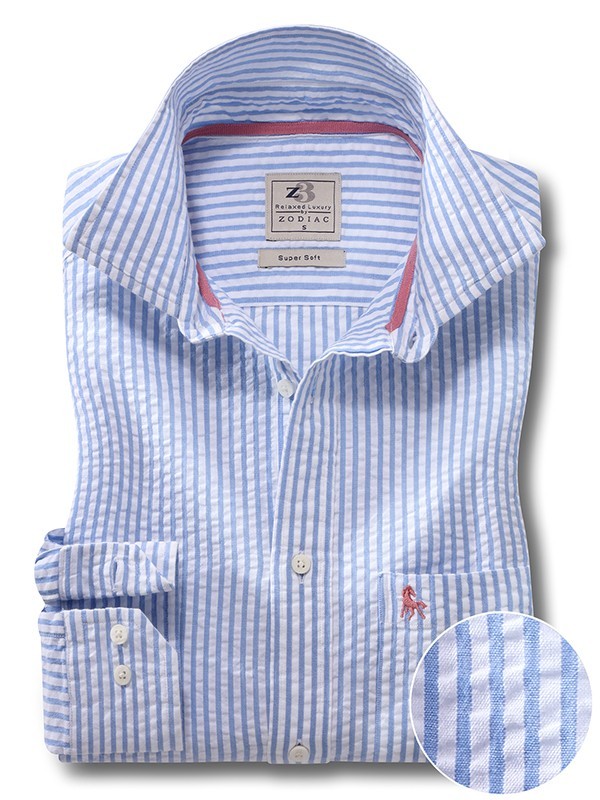 Nairobi Seersucker Sky Striped Full Sleeve Tailored Fit Casual Cotton Shirt