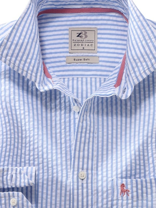 Nairobi Seersucker Sky Striped Full Sleeve Tailored Fit Casual Cotton Shirt
