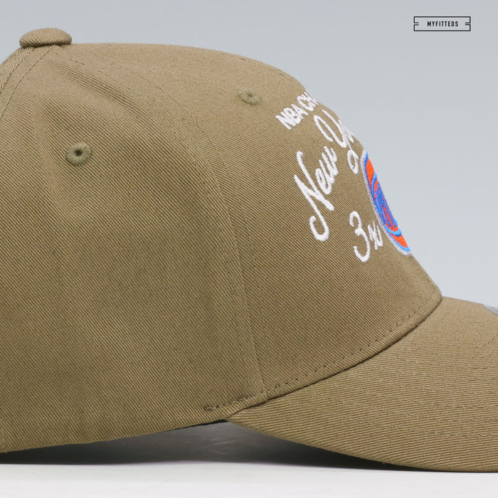 NEW YORK KNICKS 3X NBA FINALS CHAMPIONS SCRIPT LOW PRO OLIVE GREEN MITCHELL & NESS SNAPBACK HAT