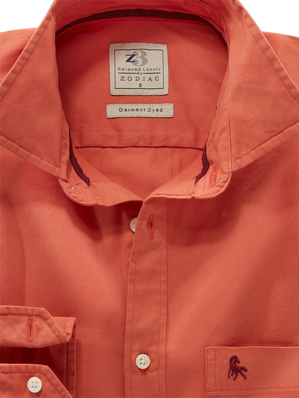 Neymar Twill Garment Dyed Rust Solid Full Sleeve Tailored Fit Casual Cotton Shirt