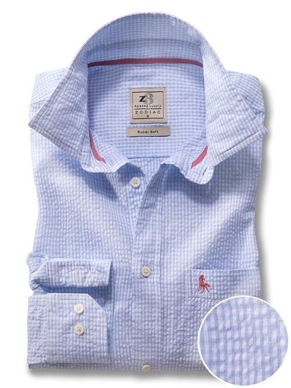 Oslo Seersucker Sky Check Full Sleeve Tailored Fit Casual Cotton Shirt