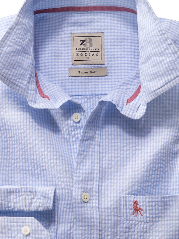 Oslo Seersucker Sky Check Full Sleeve Tailored Fit Casual Cotton Shirt