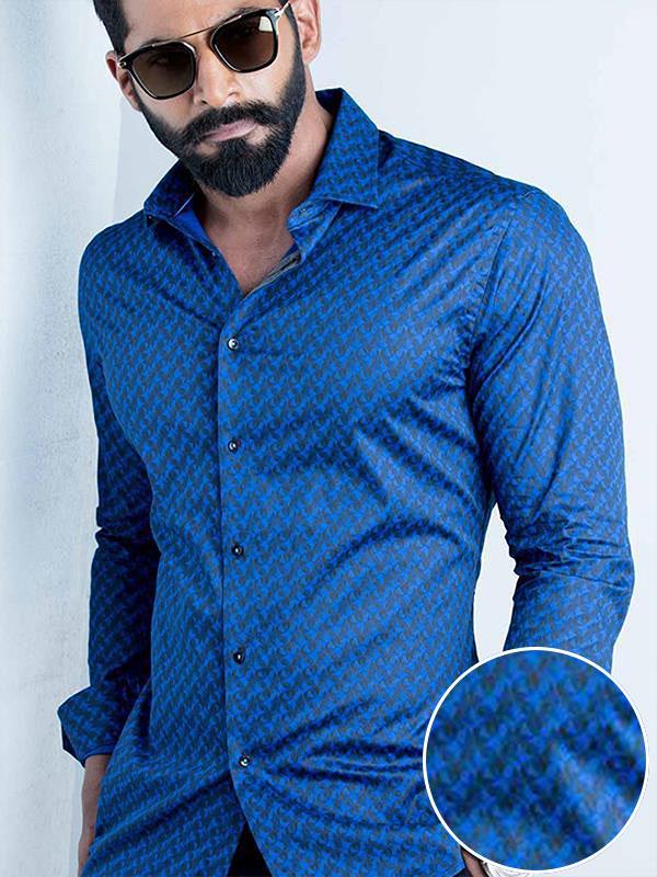Otto Cobalt Printed Full Sleeve Single Cuff Slim Fit Party Wear Blended Shirt