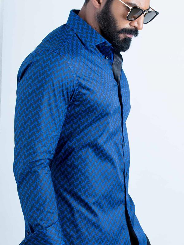 Otto Cobalt Printed Full Sleeve Single Cuff Slim Fit Party Wear Blended Shirt