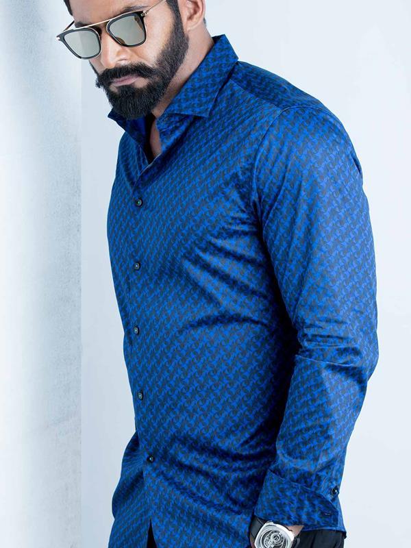 Otto Cobalt Printed Full Sleeve Single Cuff Slim Fit Party Wear Blended Shirt