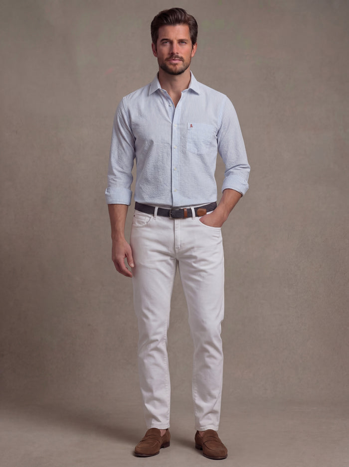 Pasman Seersucker Sky Striped Full Sleeve Tailored Fit Casual Cotton Shirt